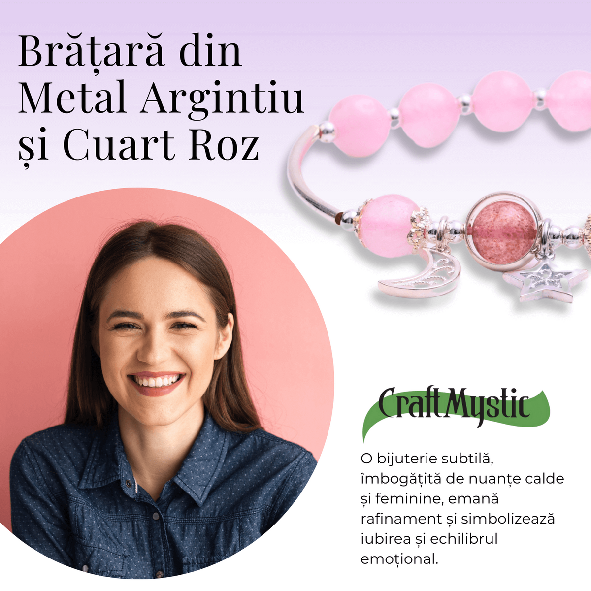 Bratara Metalica cu Margele din Cuart Roz, Pandantiv Stea si Luna