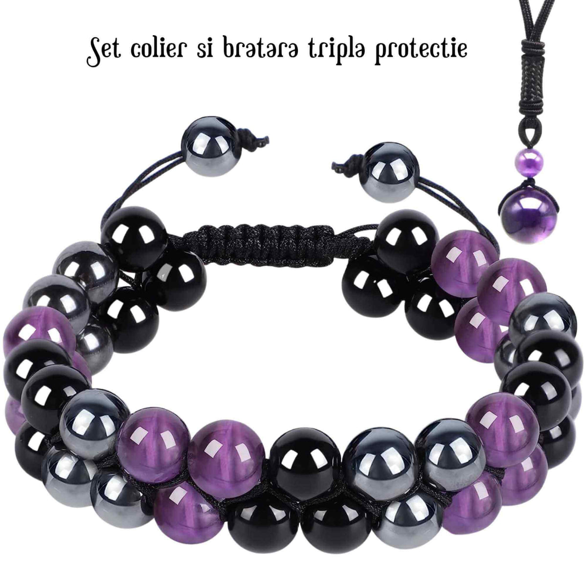 Set colier si bratara cu tripla protectie cu cristale naturale lucrata manual pentru barbati si femei - Margele de 8 mm din hematit, obsidian negru si ametist - Protectie, noroc