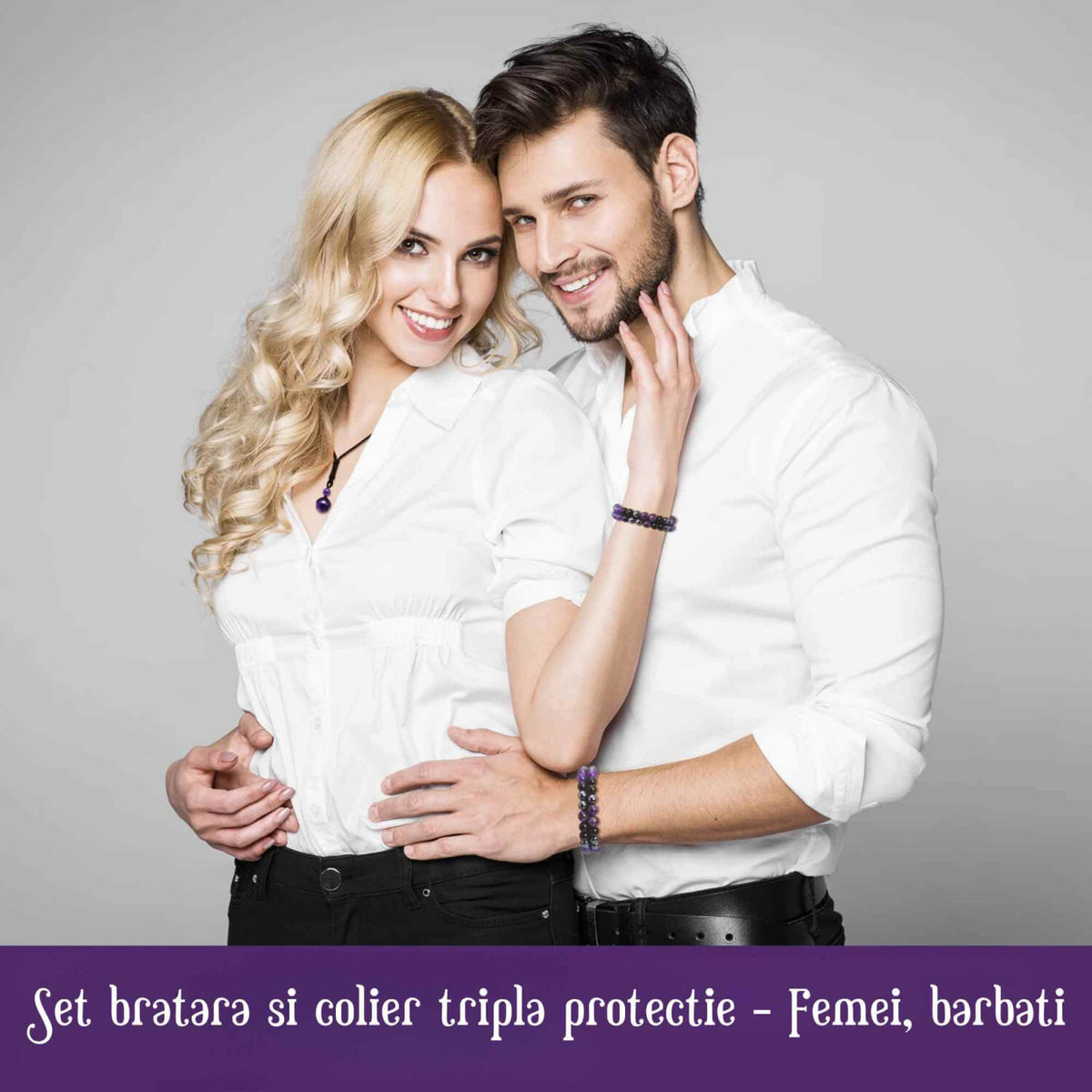 Set colier si bratara cu tripla protectie cu cristale naturale lucrata manual pentru barbati si femei - Margele de 8 mm din hematit, obsidian negru si ametist - Protectie, noroc
