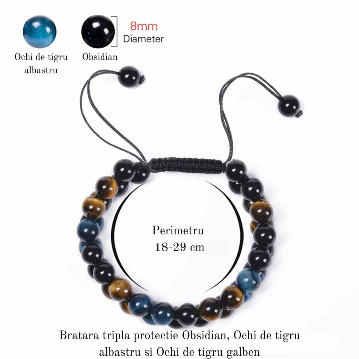 Bratara energetica cu tripla protectie, realizata din pietre semipretioase Obsidian, Ochi de tigru galben si Ochi de tigru albastru de 8 mm – bratara pentru noroc, protectie, stare de bine