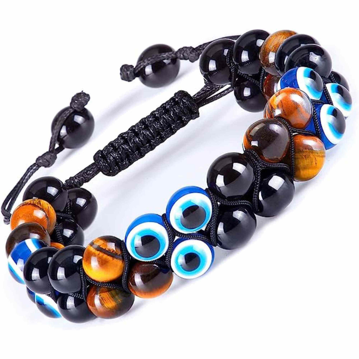 Bratara cu tripla protectie din pietre naturale 8mm Ochi de tigru natural, Obsidian negru si "Ochiul rau" - Pentru noroc si prosperitate, fericire