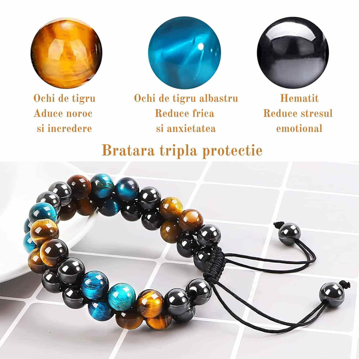 Bratara energetica cu tripla protectie, realizata din pietre semipretioase hematit, ochi de tigru galben si ochi de tigru albastru de 8 mm – bratara pentru energie, protectie, meditatie