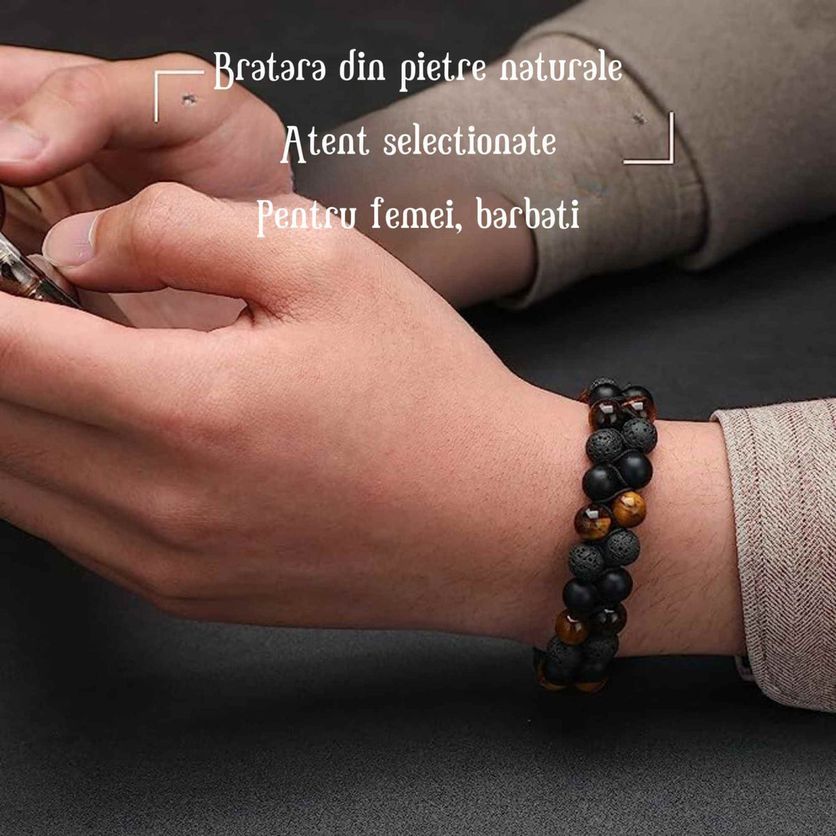 Bratara cu tripla protectie Ochi de tigru, onix negru mat si roca vulcanica - Margele de 8 mm, realizata manual pentru barbati si femei, aduce noroc, prosperitate si fericire