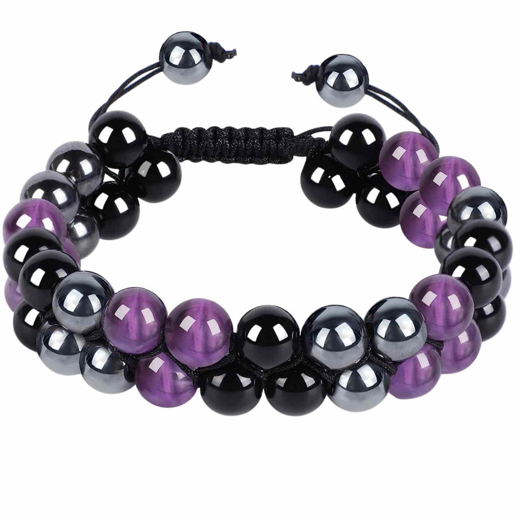 Bratara tripla protectie cu pietre semipretioase 6mm ametist, hematit si obsidian negru - Imbunatateste carisma, norocul si fericirea