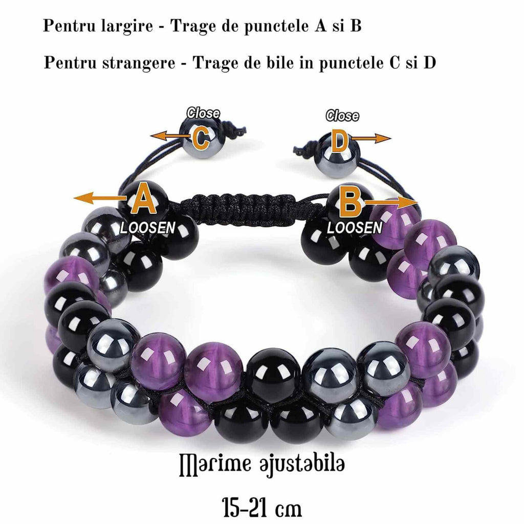Bratara tripla protectie cu pietre semipretioase 6mm ametist, hematit si obsidian negru - Imbunatateste carisma, norocul si fericirea