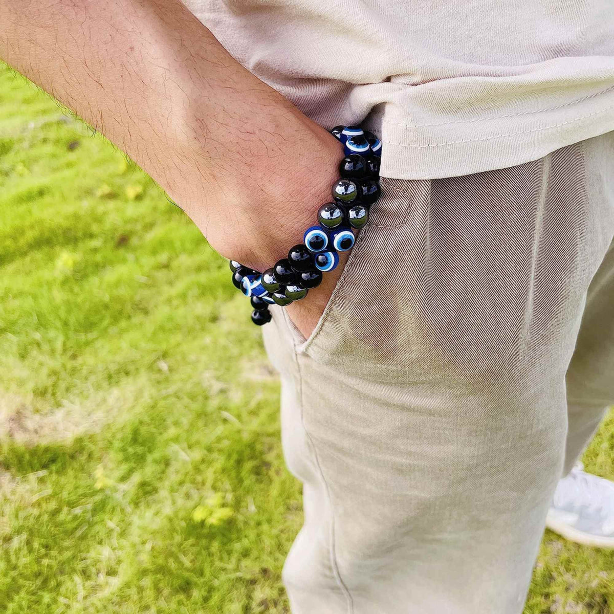 Bratara cu tripla protectie margele 8 mm cu "Ochiul rau", Obsidian negru si Hematit - Aduce noroc si bogatie