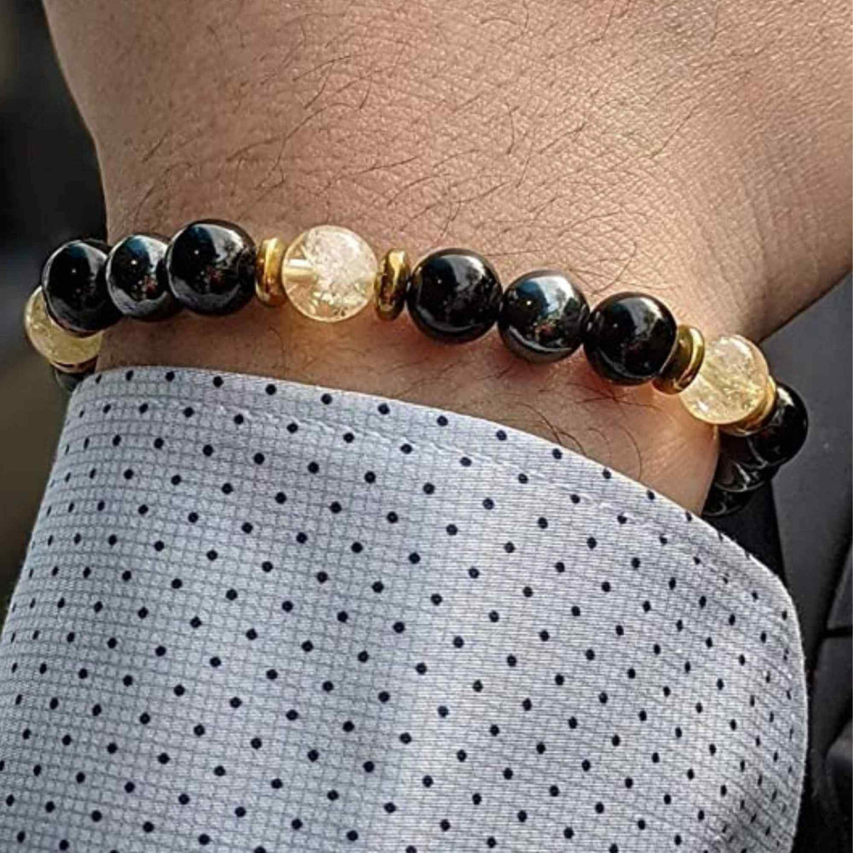 Bratara Feng Shui cu cristale naturale de citrin, hematita si obisidian negru de 8 mm - Generator de bogatie si atractie norocoasa a banilor, prosperitate