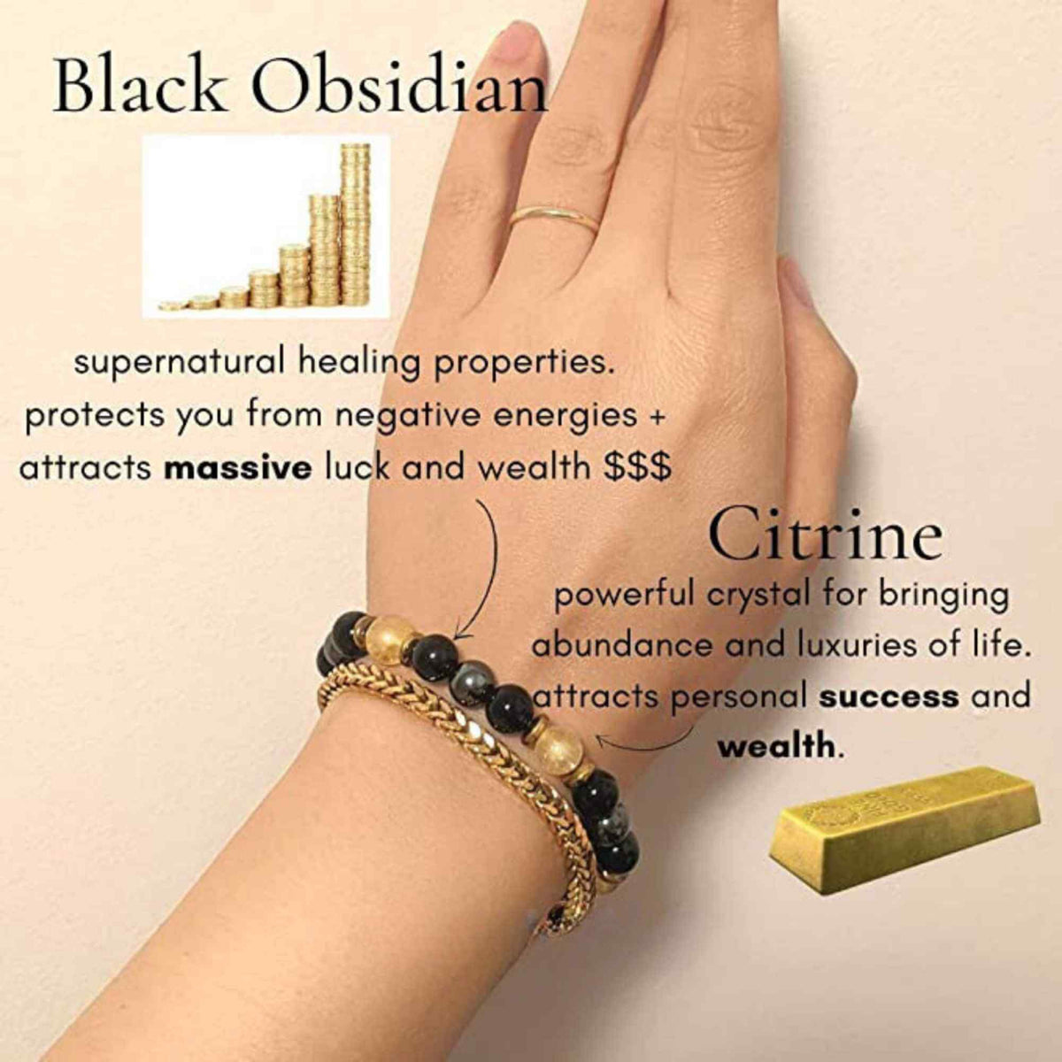 Bratara Feng Shui cu cristale naturale de citrin, hematita si obisidian negru de 8 mm - Generator de bogatie si atractie norocoasa a banilor, prosperitate