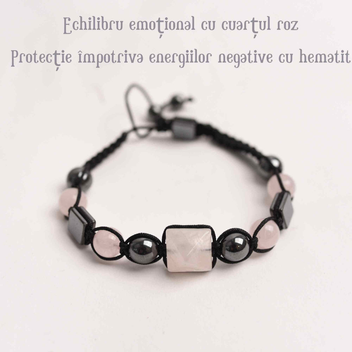 Bratara Ajustabila Impletita cu Margele din Cuart Roz si Hematit de 8mm si Forma de Piramida - Cadou Special