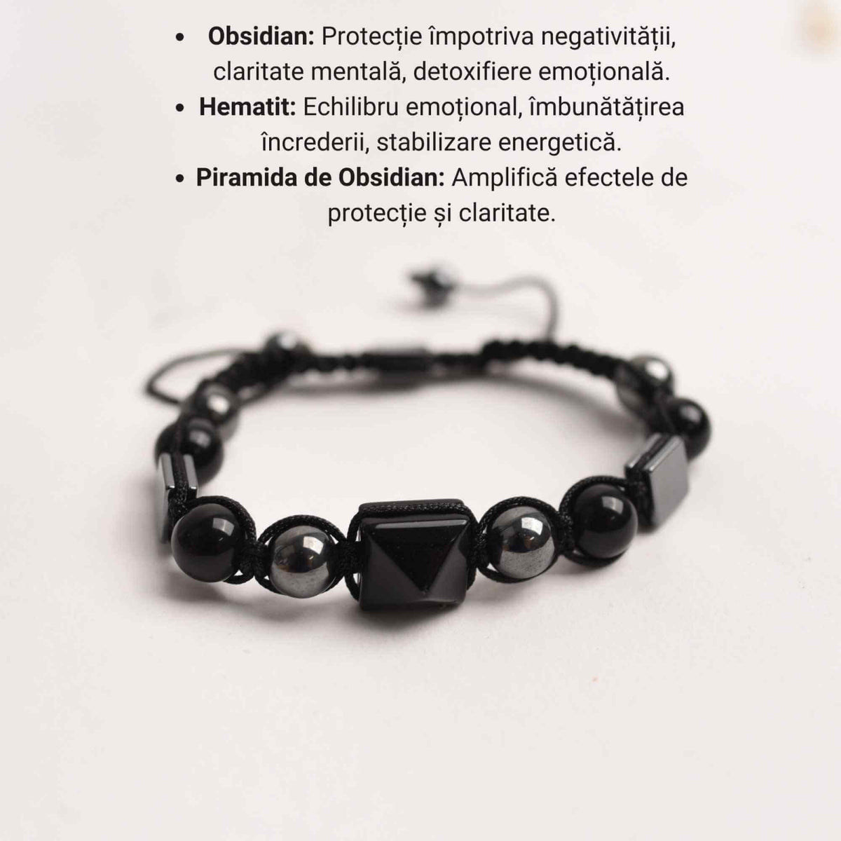 Bratara Ajustabila Impletita cu Margele de 8mm si Piramida din Obsidian si Hematit - Cadou cu Semnificatie