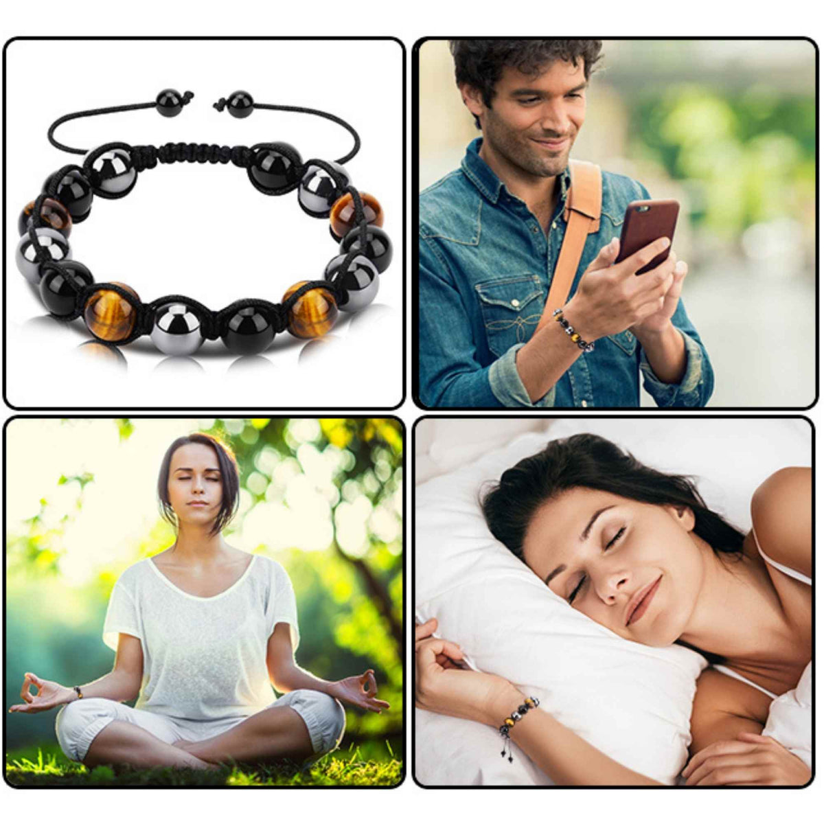 Bratara reglabila cu tripla protectie din obsidian negru, ochi de tigru si hematit 10 mm - bratara feng shui pentru protectie, noroc si prosperitate