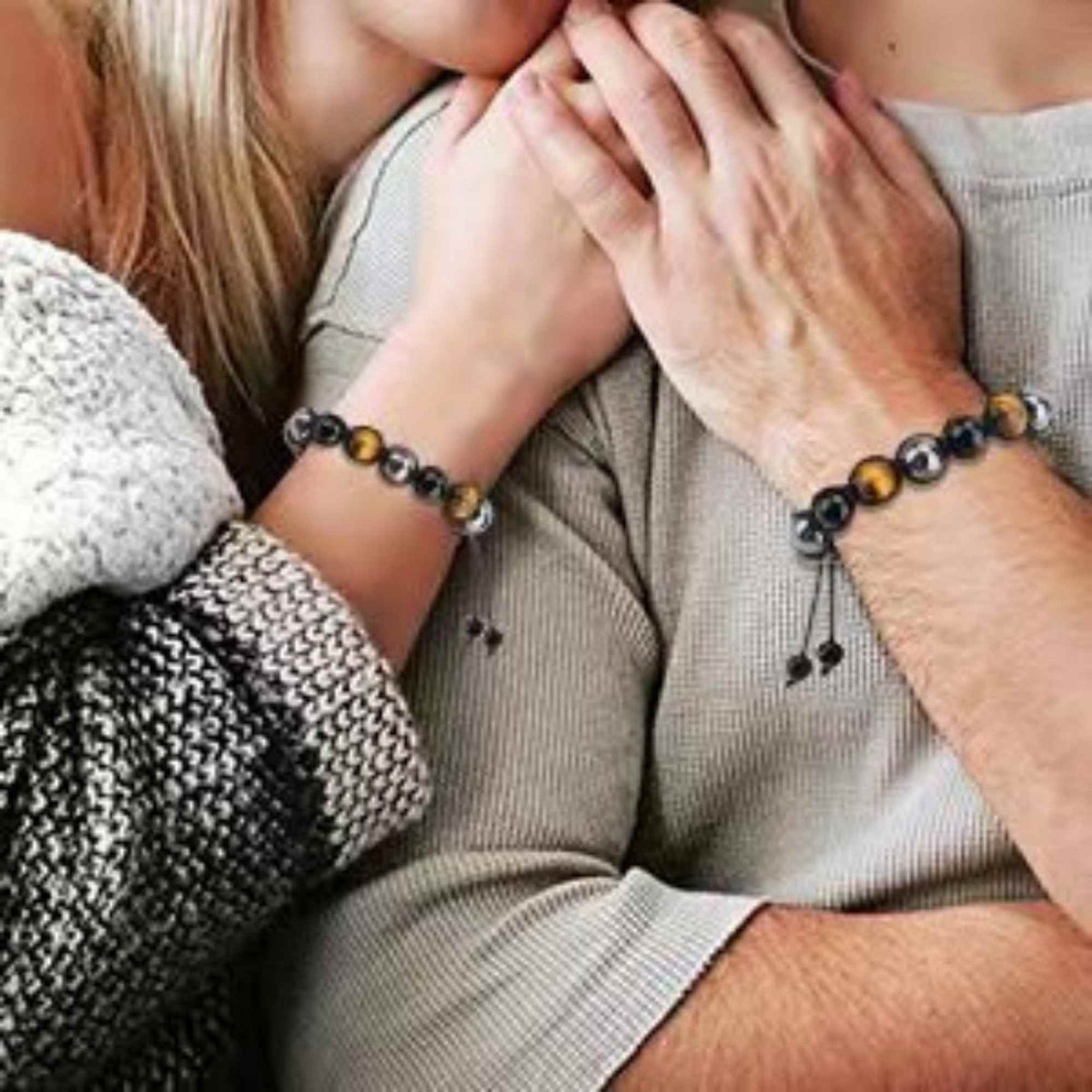 Bratara reglabila cu tripla protectie din obsidian negru, ochi de tigru si hematit 10 mm - bratara feng shui pentru protectie, noroc si prosperitate