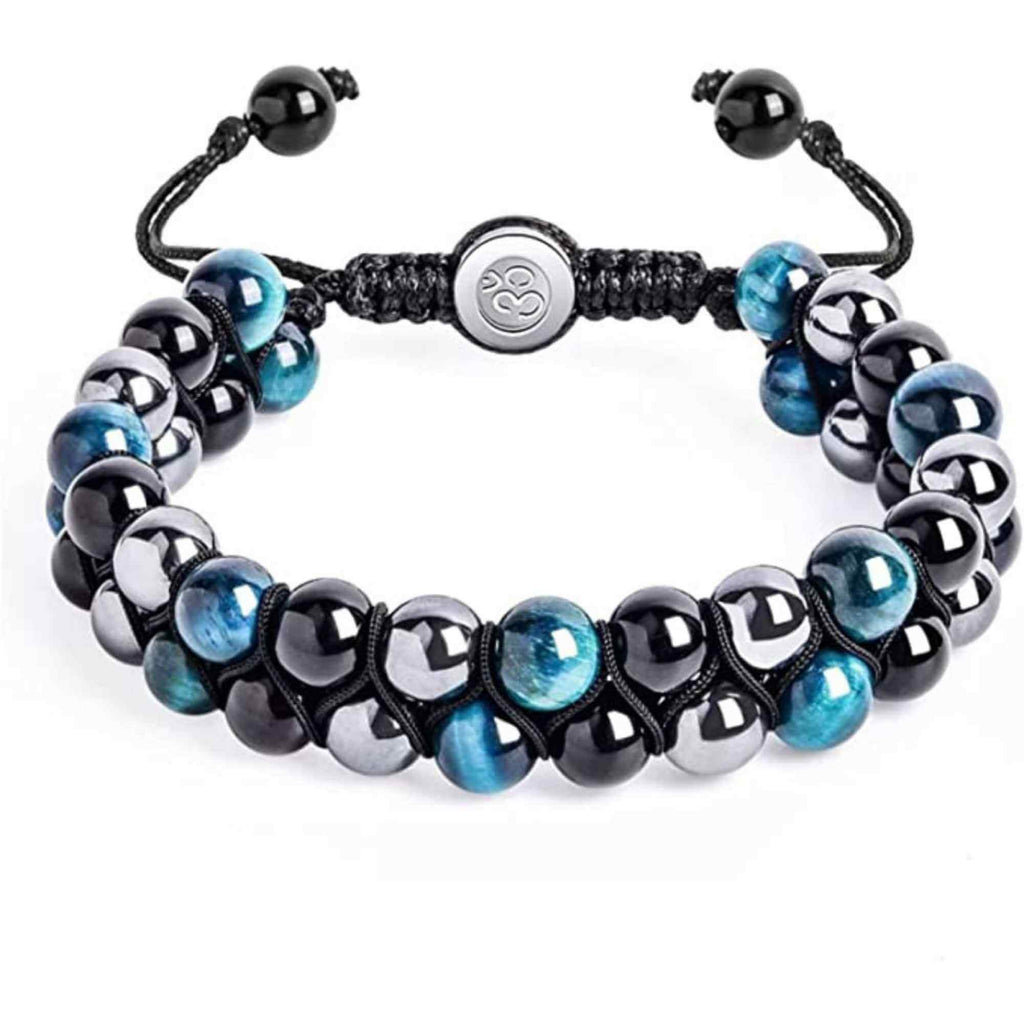 Bratara tripla protectie cu margele 8mm din 3 pietre semipretioase: Ochi de tigru albastru, Hematita si Obsidian