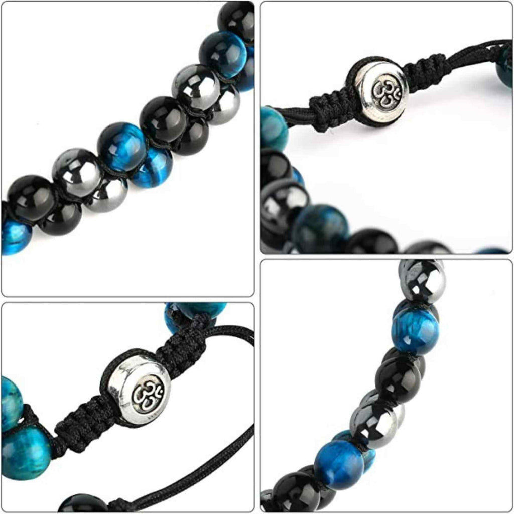 Bratara tripla protectie cu margele 8mm din 3 pietre semipretioase: Ochi de tigru albastru, Hematita si Obsidian