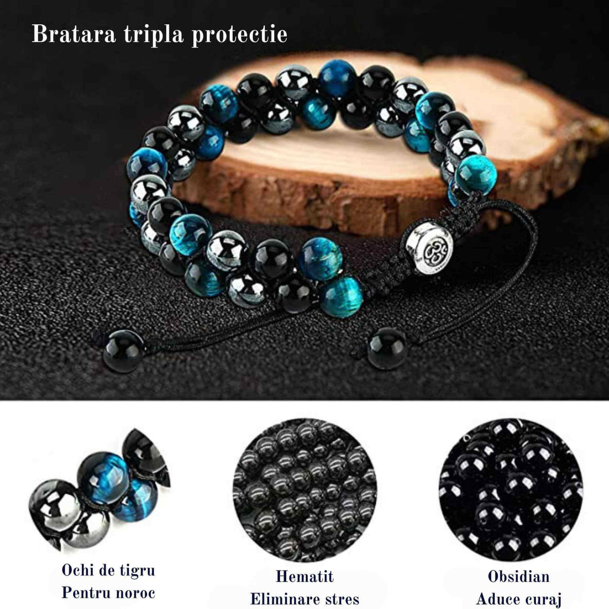 Bratara tripla protectie cu margele 8mm din 3 pietre semipretioase: Ochi de tigru albastru, Hematita si Obsidian