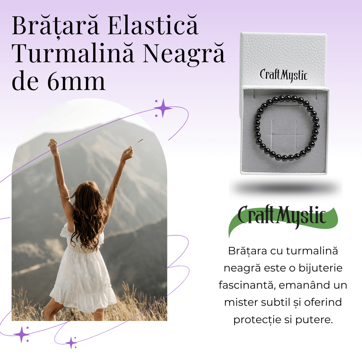 Bratara Elastica cu Margele de Turmalina Neagra de 6mm – Talisman Protector si Stilat
