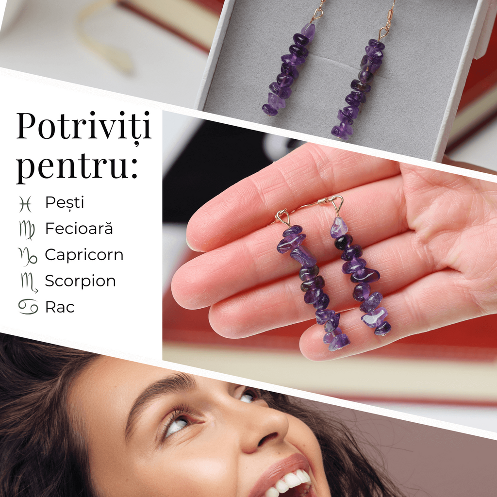 Cercei Lungi cu Pietre Semipretioase de Ametist Natural si Elemente din Alama, Bijuterii Aurii pentru Femei