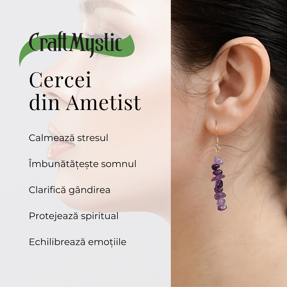 Cercei Lungi cu Pietre Semipretioase de Ametist Natural si Elemente din Alama, Bijuterii Aurii pentru Femei