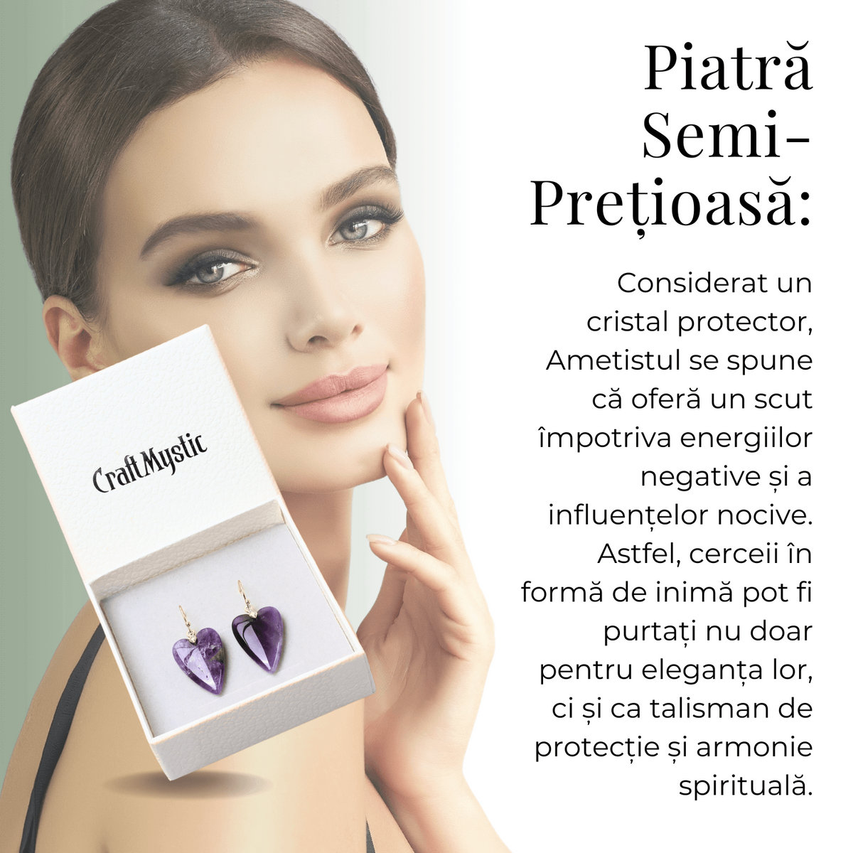 Cercei Aurii in Forma de Inima cu Cristal de Ametist