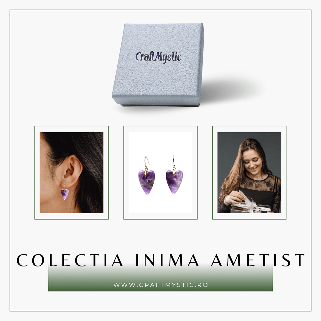 Cercei Aurii in Forma de Inima cu Cristal de Ametist