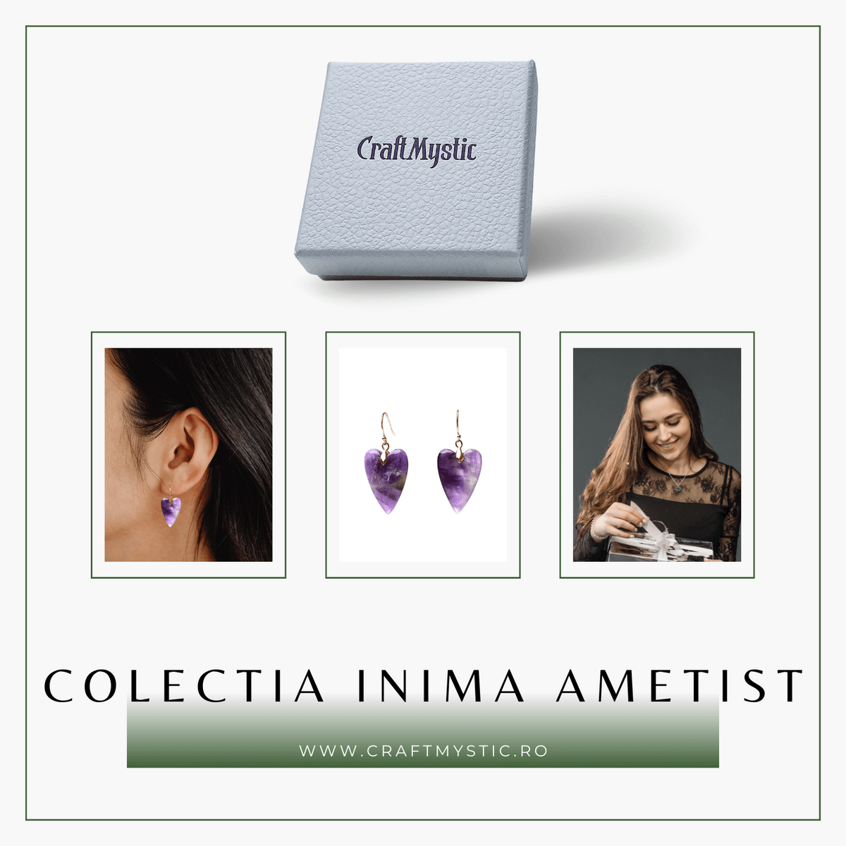 Cercei Aurii in Forma de Inima cu Cristal de Ametist