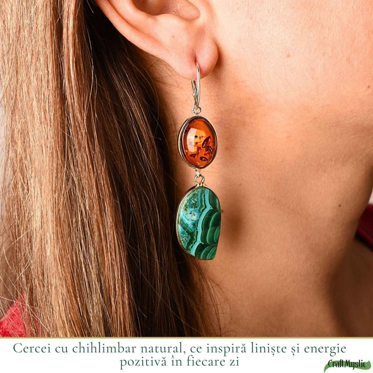 Cercei cu Chihlimbar, Malachit și alte cristale, Argint 925 – CraftMystic