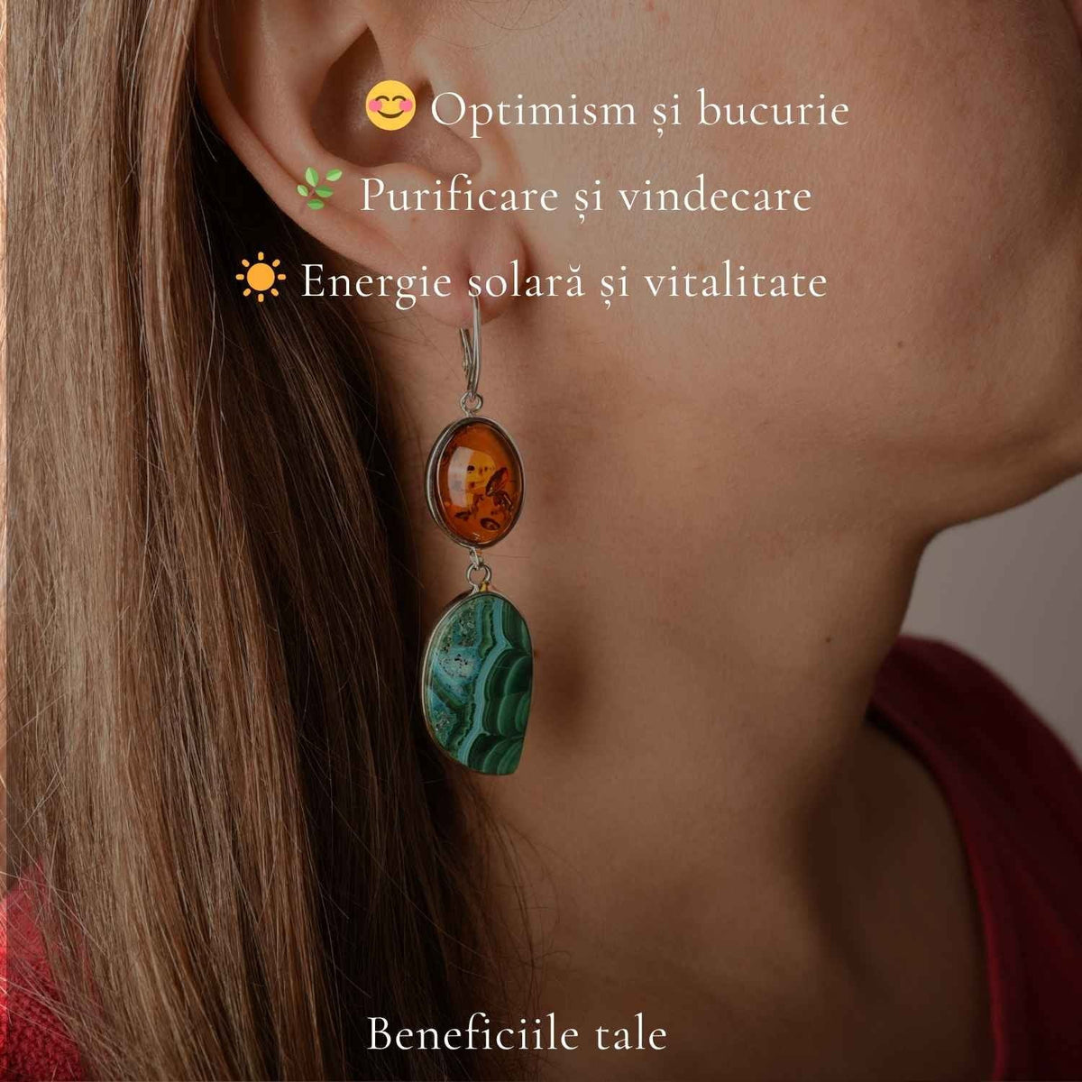 Cercei cu Chihlimbar, Malachit și alte cristale, Argint 925 – CraftMystic