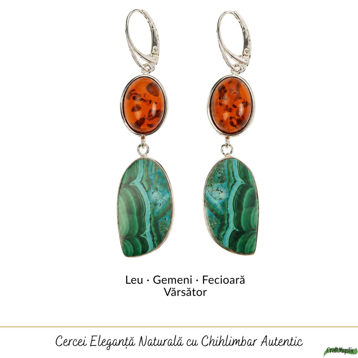 Cercei cu Chihlimbar, Malachit și alte cristale, Argint 925 – CraftMystic