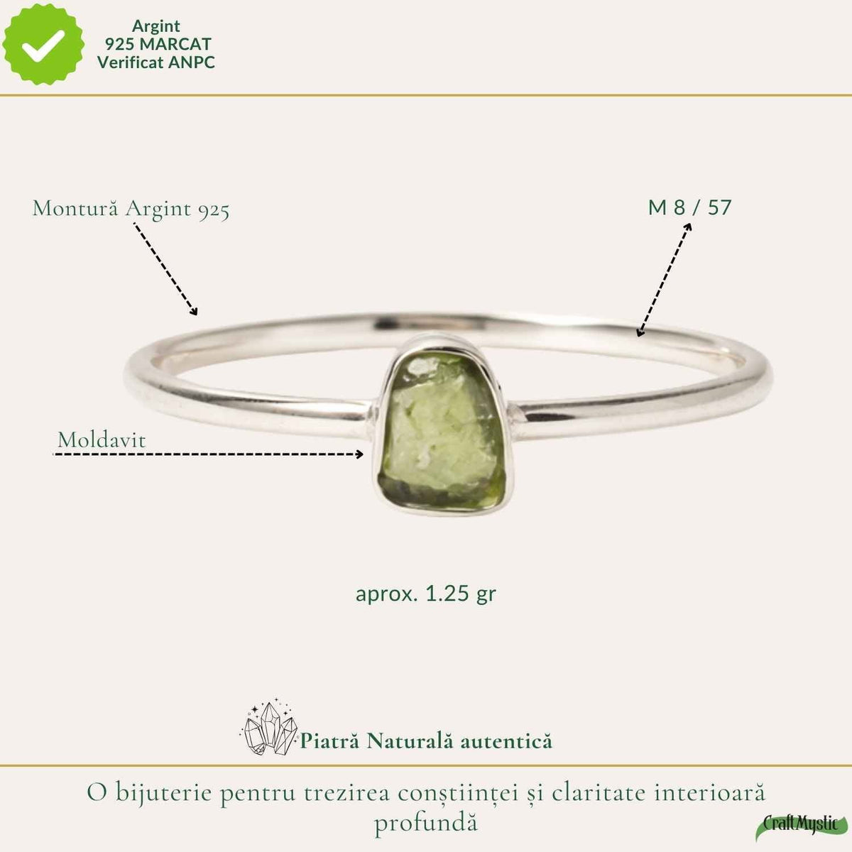 Inel Argint 925 cu Moldavit Brut Neregulat – Transformare si Claritate