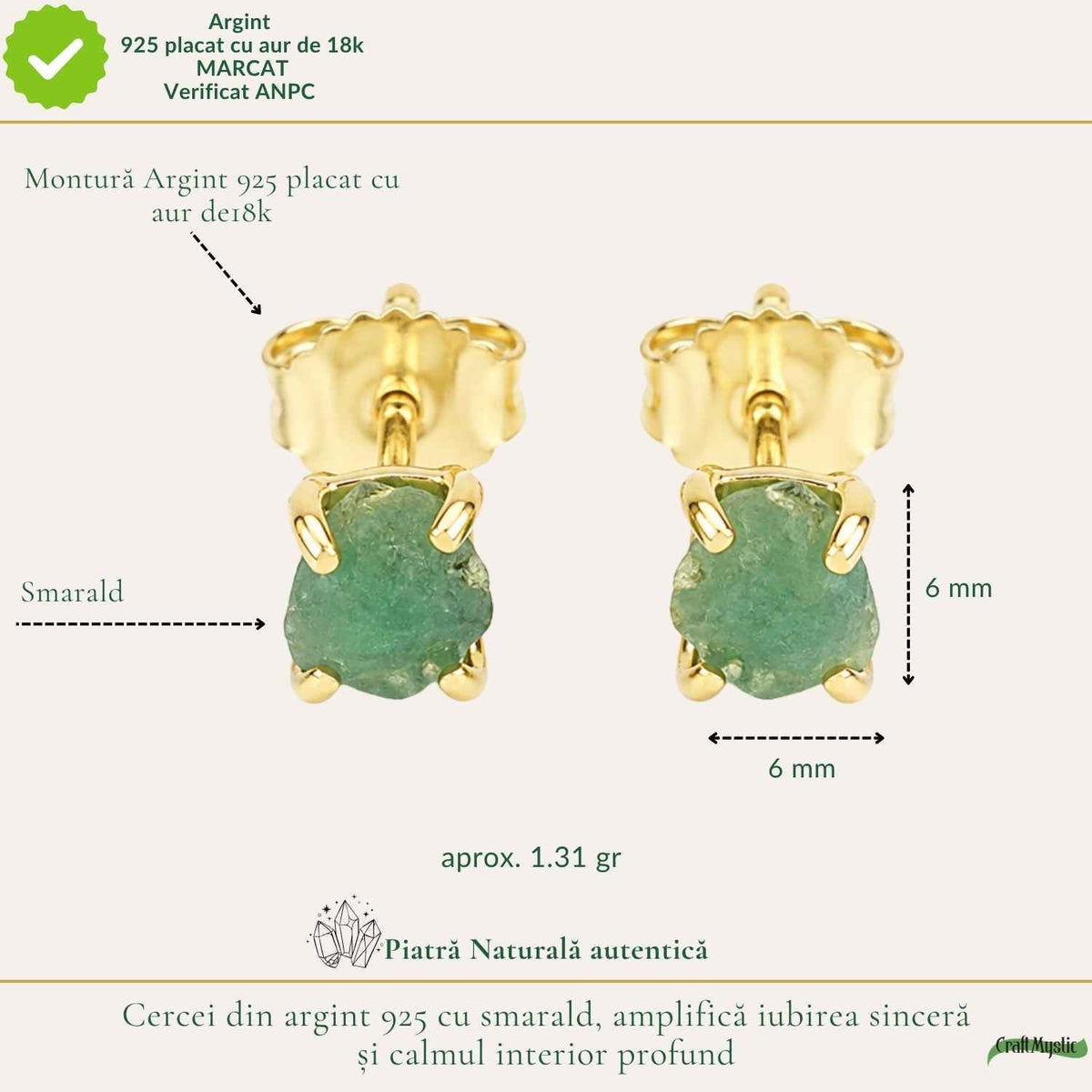 Cercei cu Smarald, Argint 925 placat aur 18k – CraftMystic