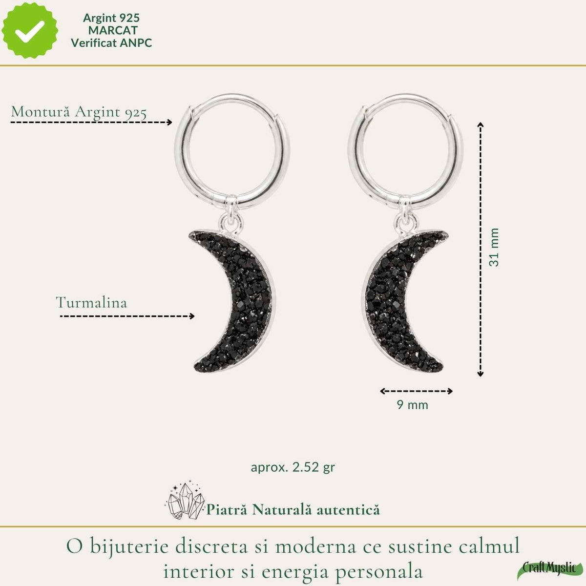 Cercei cu Turmalină Neagră, Argint 925 – CraftMystic