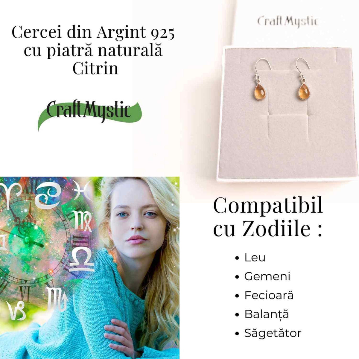 Cercei Argint 925 cu Citrin Natural forma de lacrima- Energie și Prosperitate