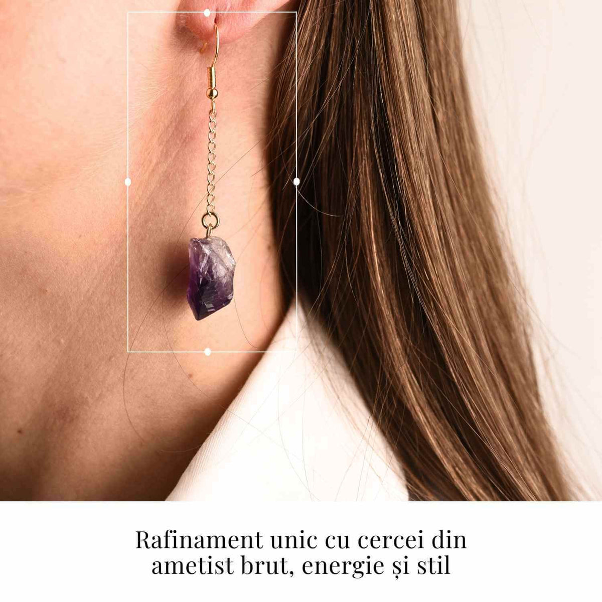 Cercei Aurii model cu Lant si Ametist Brut, Eleganta si Calm Interior