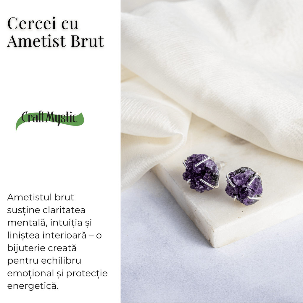 Cercei cu Cristal de Ametist Druzy – Inchidere pe Tija cu Opritor