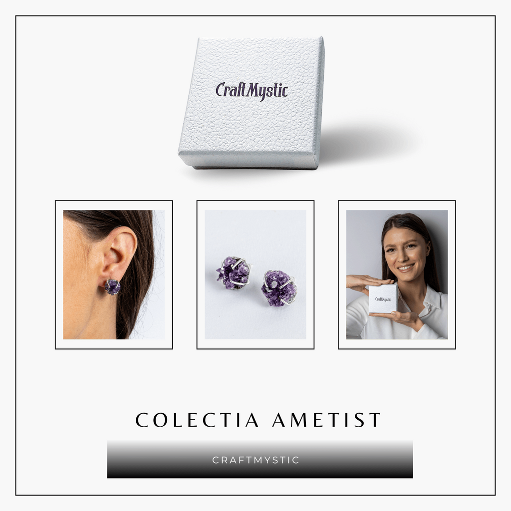 Cercei cu Cristal de Ametist Druzy – Inchidere pe Tija cu Opritor