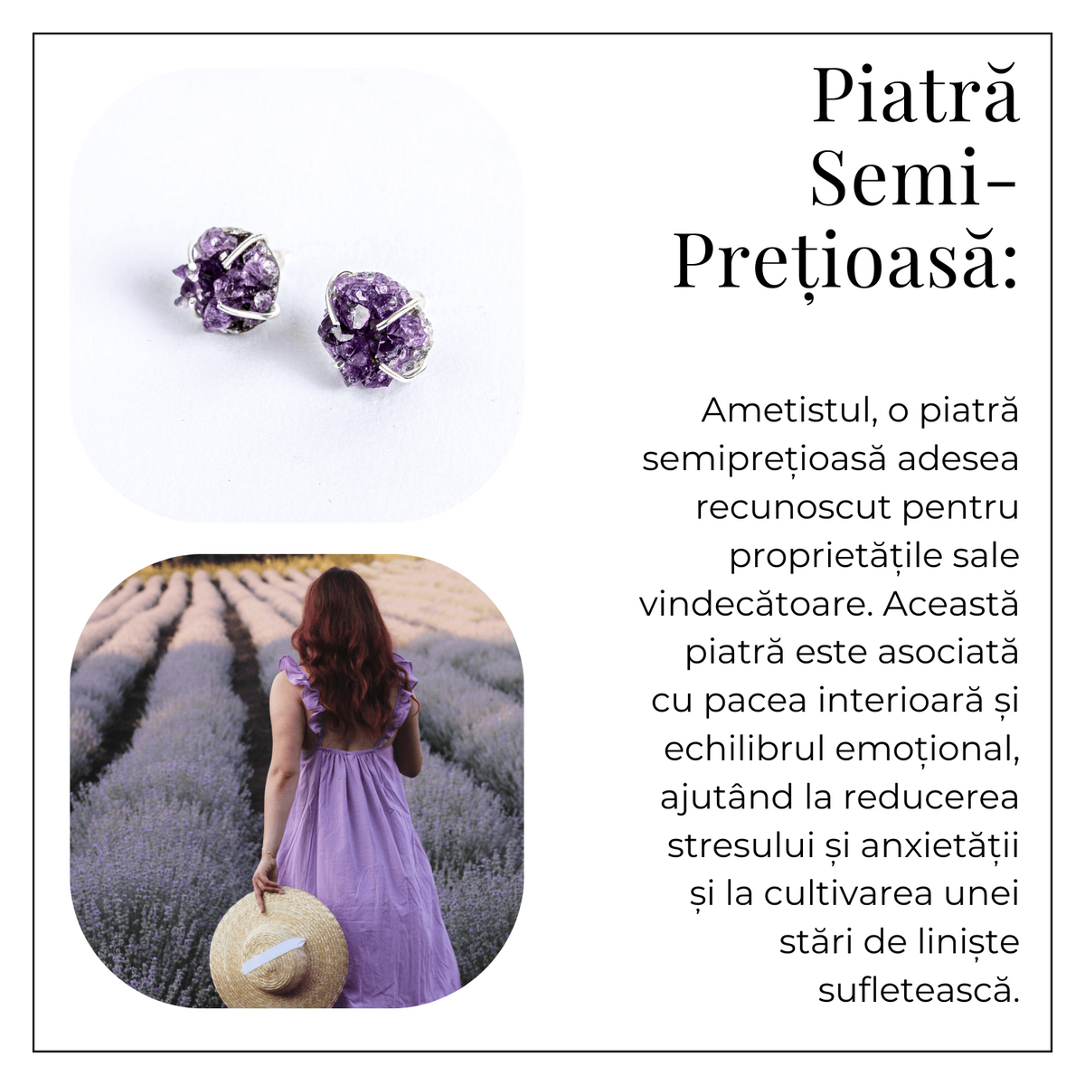 Cercei cu Cristal de Ametist Druzy – Inchidere pe Tija cu Opritor