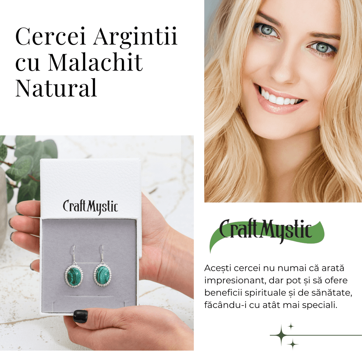 Cercei Argintii Eleganti cu Malachit Natural Oval de 16mm