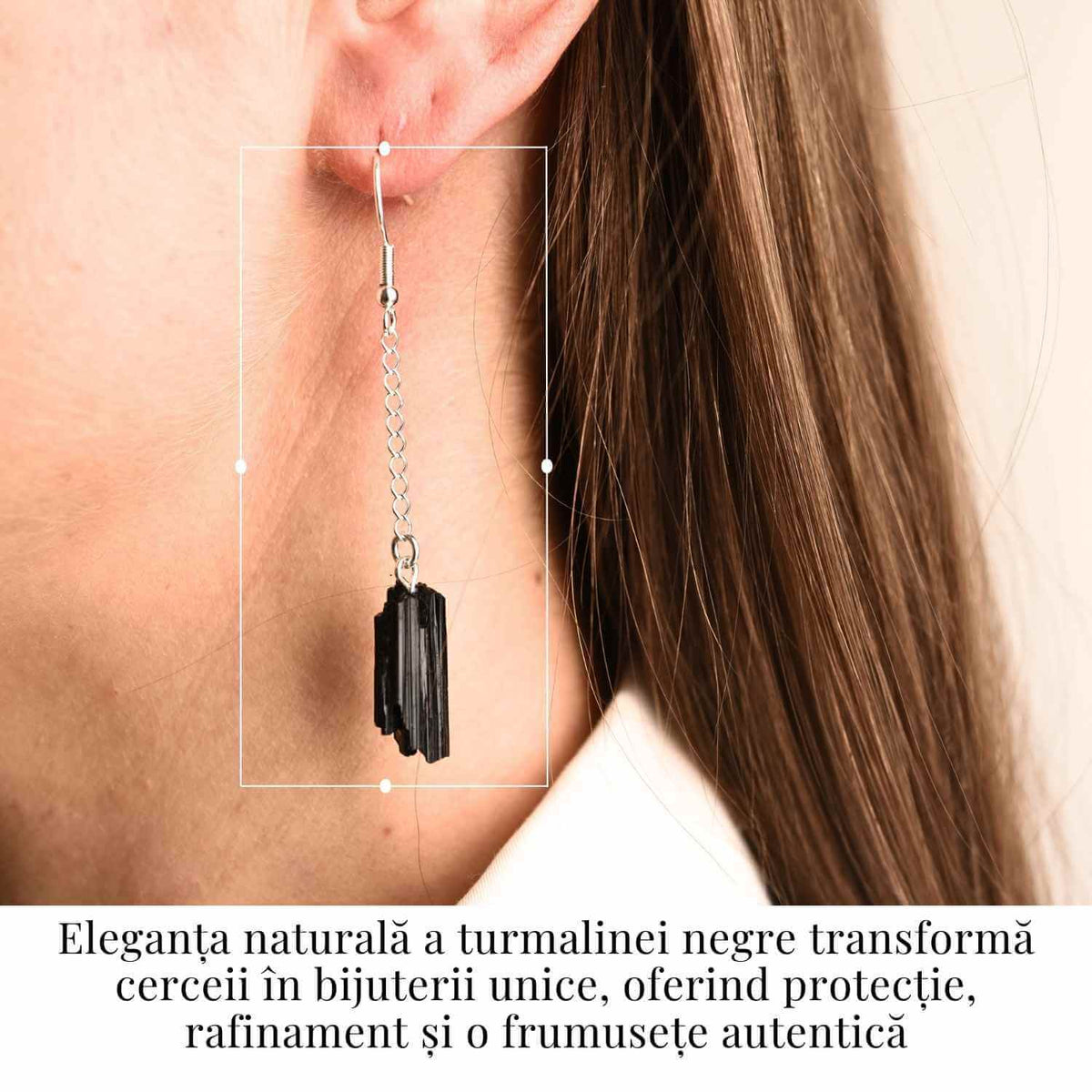 Cercei Argintii cu model Lant si Turmalina Neagra Bruta, Protectie si Eleganta Unica