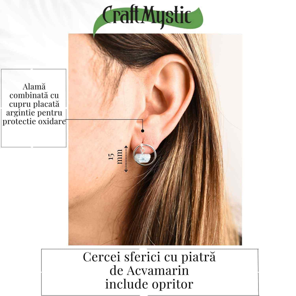 Cercei model sferic cu Acvamarin Brut – Calm si Claritate Mentala