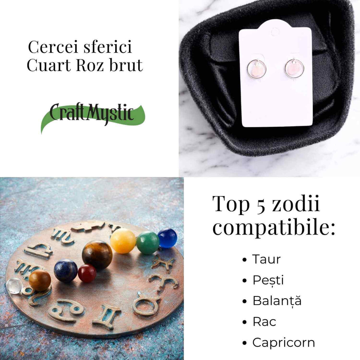 Cercei model sferic cu Cuart Roz – Iubire si Vindecare Emoționala