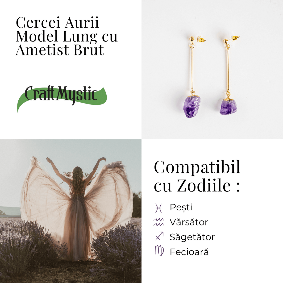 Cercei Aurii Lungii cu Ametist Brut Natural – Eleganta si Protectie Spirituala