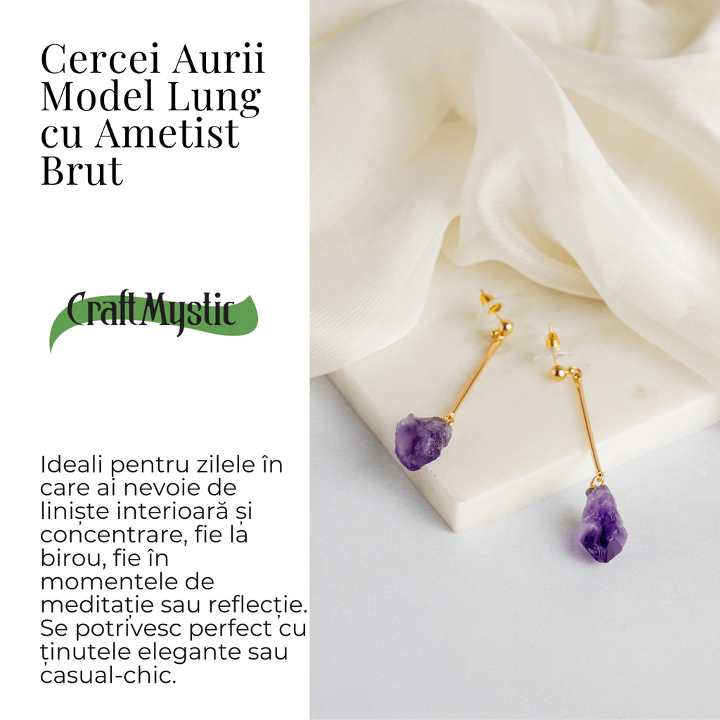 Cercei Aurii Lungii cu Ametist Brut Natural – Eleganta si Protectie Spirituala