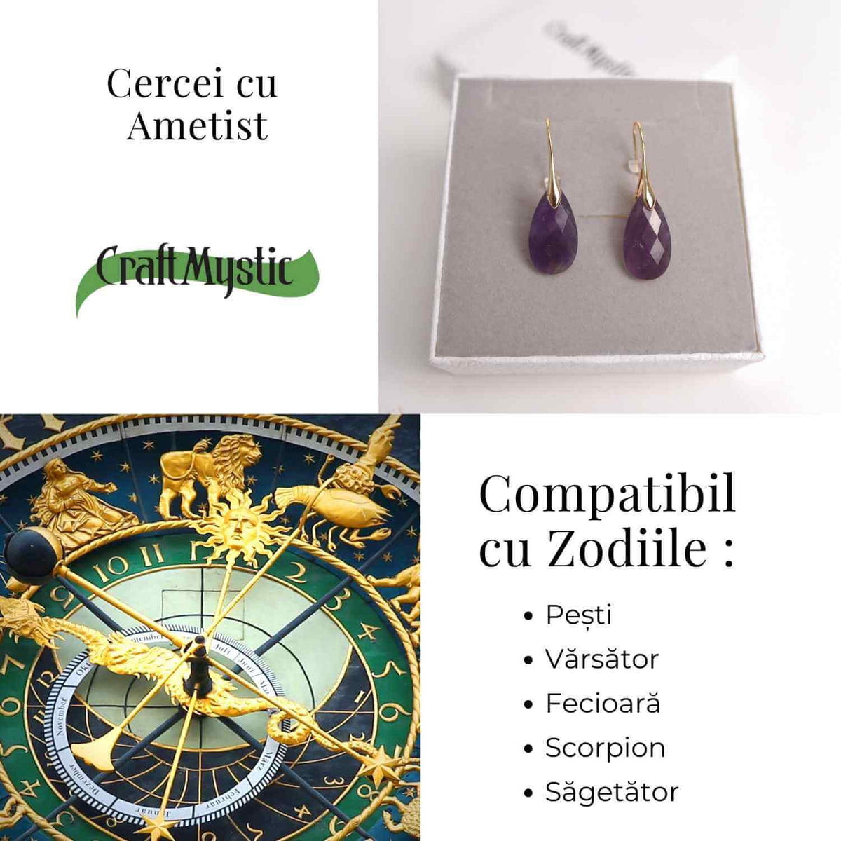 Cercei Aurii eleganti cu Ametist natural Fatetat – Eleganta si Calm Interioar