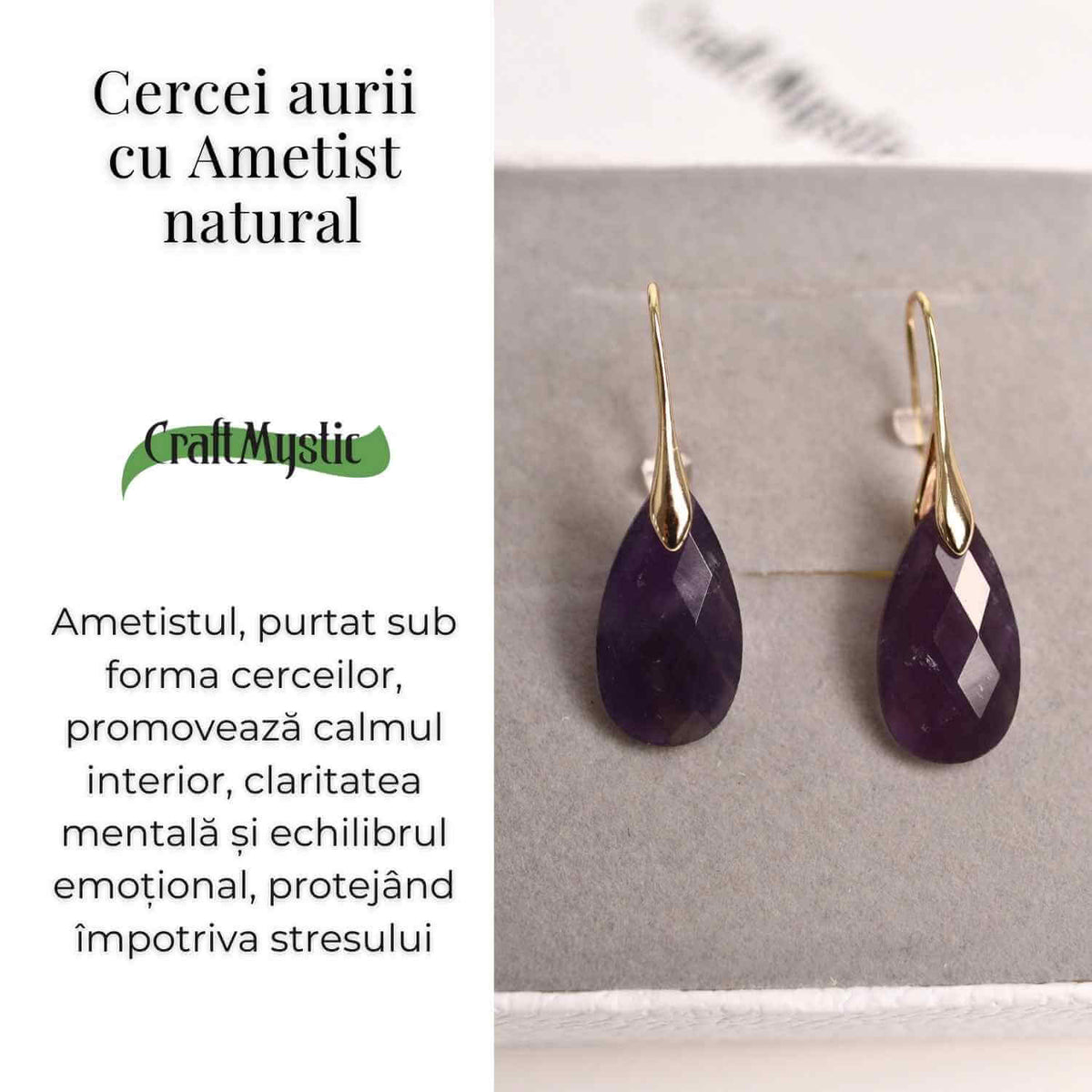 Cercei Aurii eleganti cu Ametist natural Fatetat – Eleganta si Calm Interioar