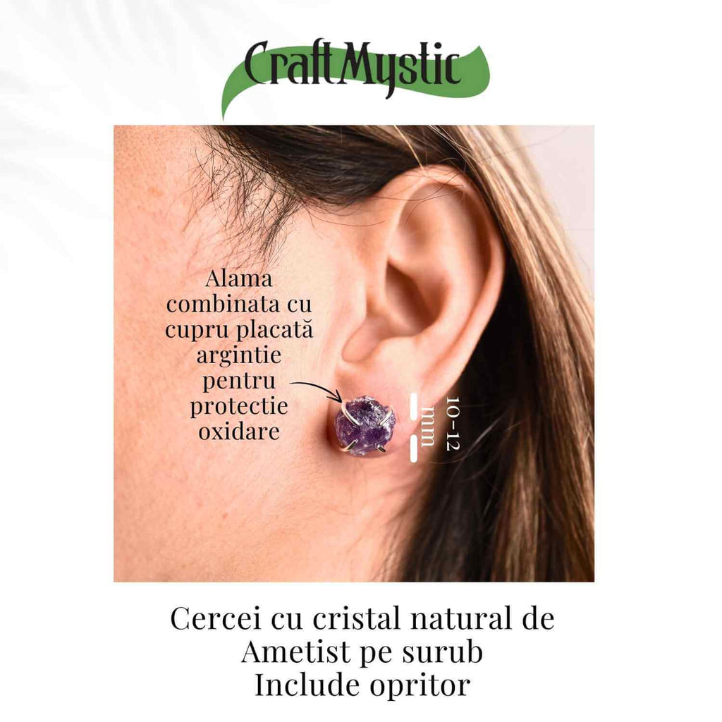 Cercei cu Ametist Brut inchidere pe tija cu opritor – Energie Pozitiva si Echilibru Interior