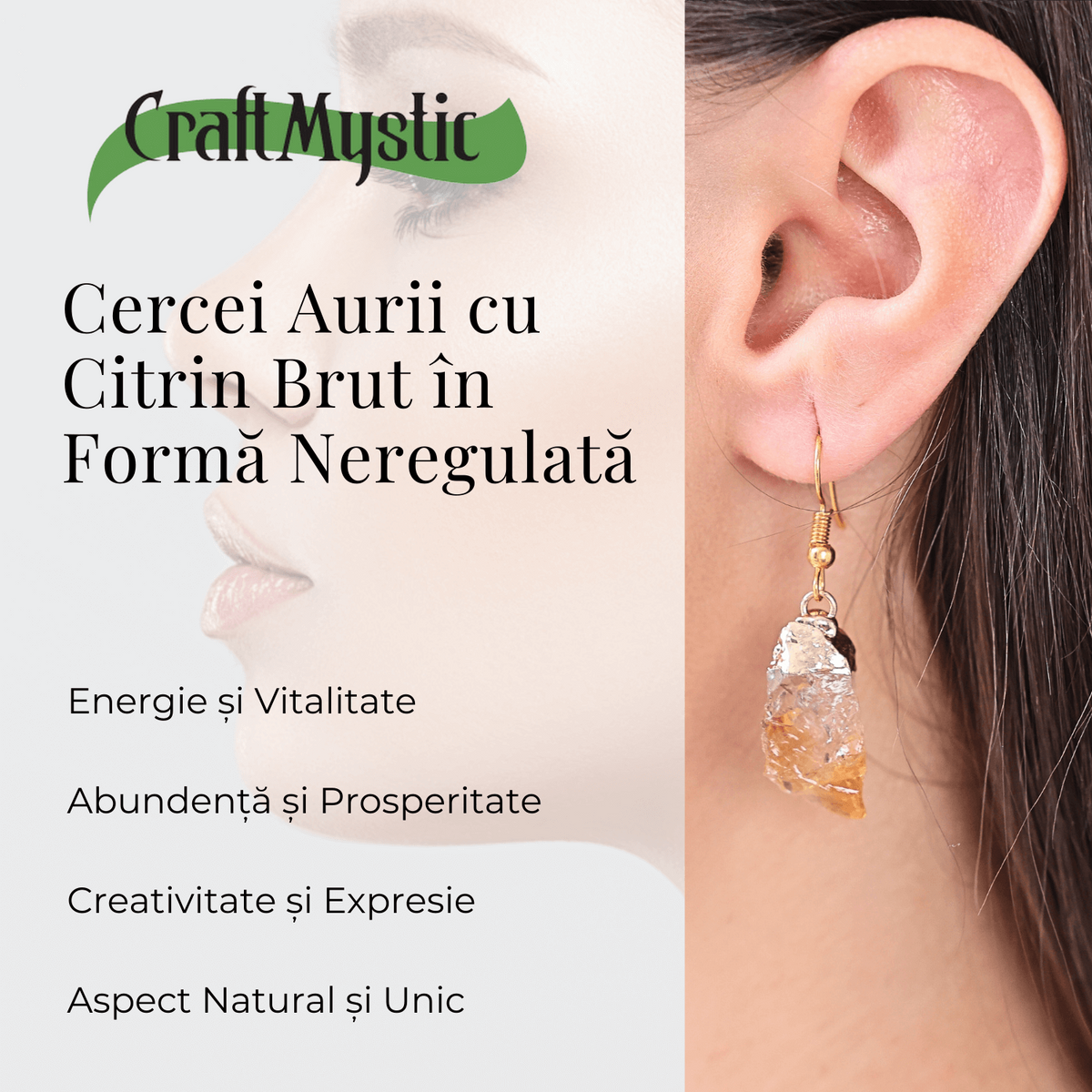 Cercei aurii cu citrin brut neregulat, pentru energie si prosperitate
