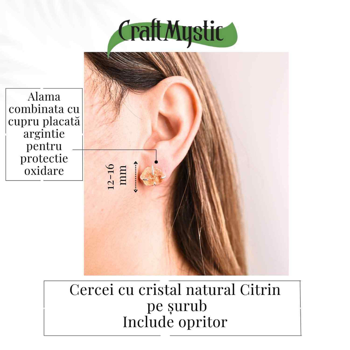 Cercei cu Citrin Brut Inchidere tija cu opritor – Energie Pozitiva si Abundenta
