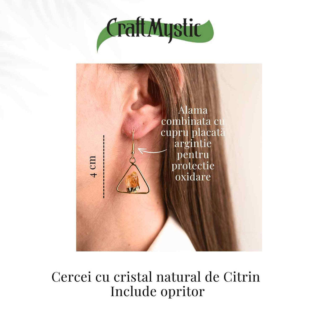 Cercei Aurii model Triunghi cu Citrin, Eleganta si Energie Pozitiva