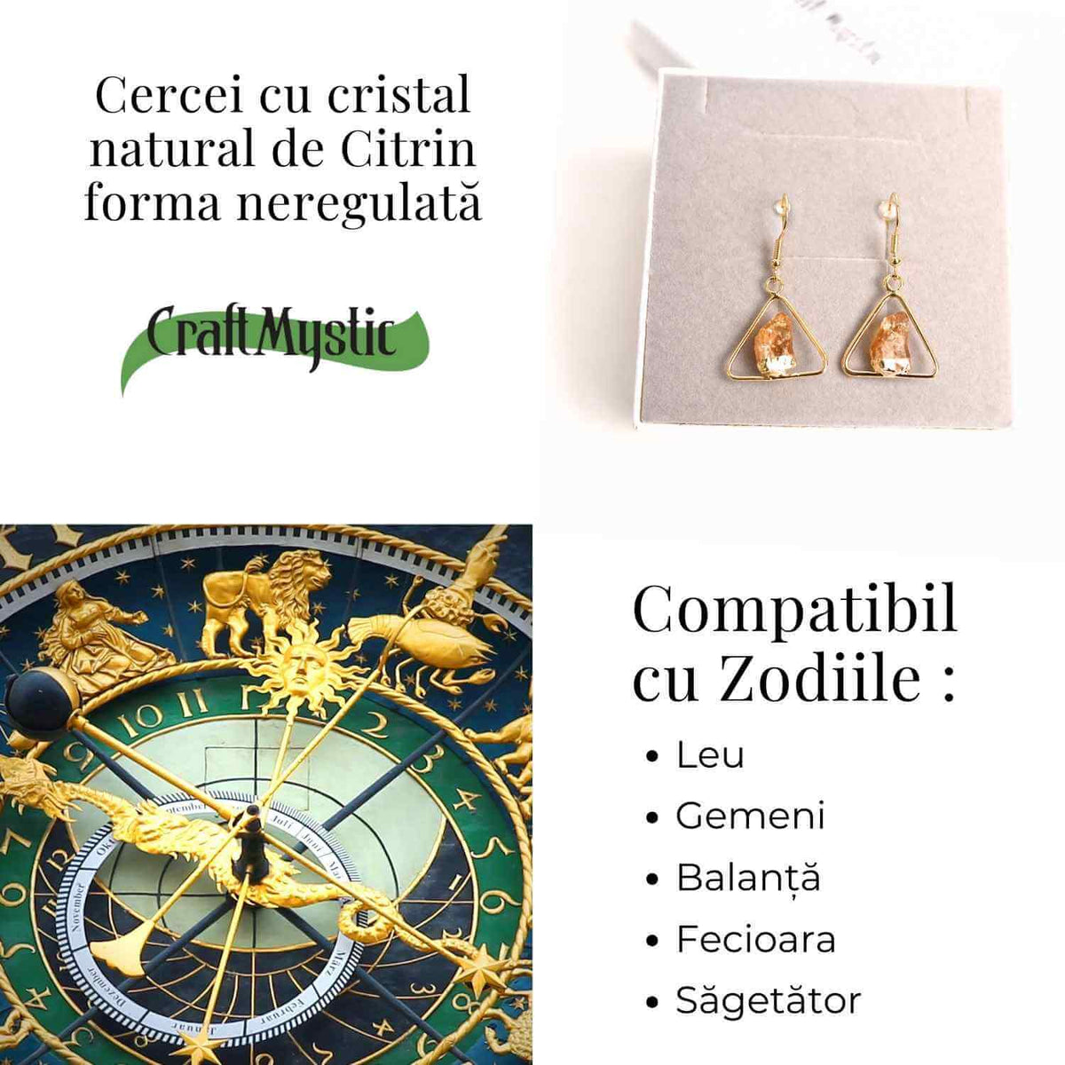 Cercei Aurii model Triunghi cu Citrin, Eleganta si Energie Pozitiva