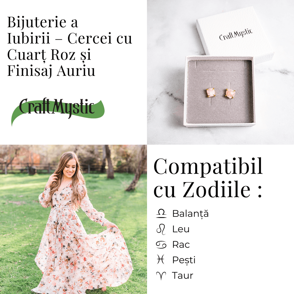 Bijuterie a Iubirii – Cercei cu Cuart Roz si Finisaj Auriu